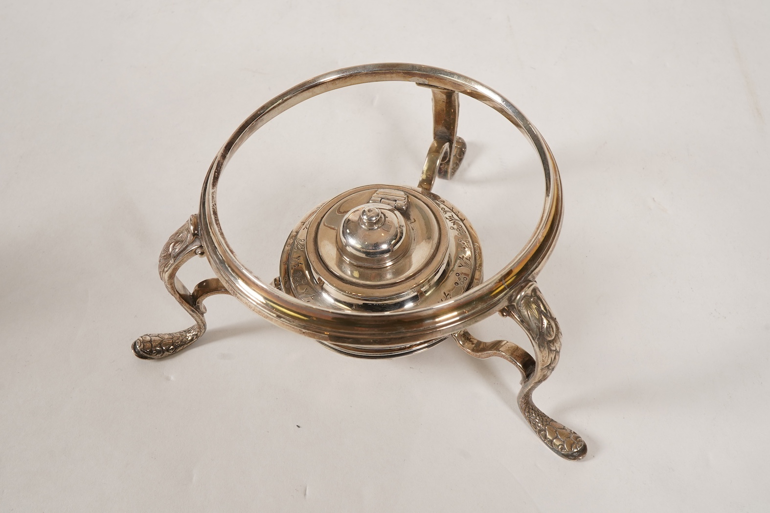 A George I silver tea kettle on stand, with burner by Gabriel Sleath, stand unmarked